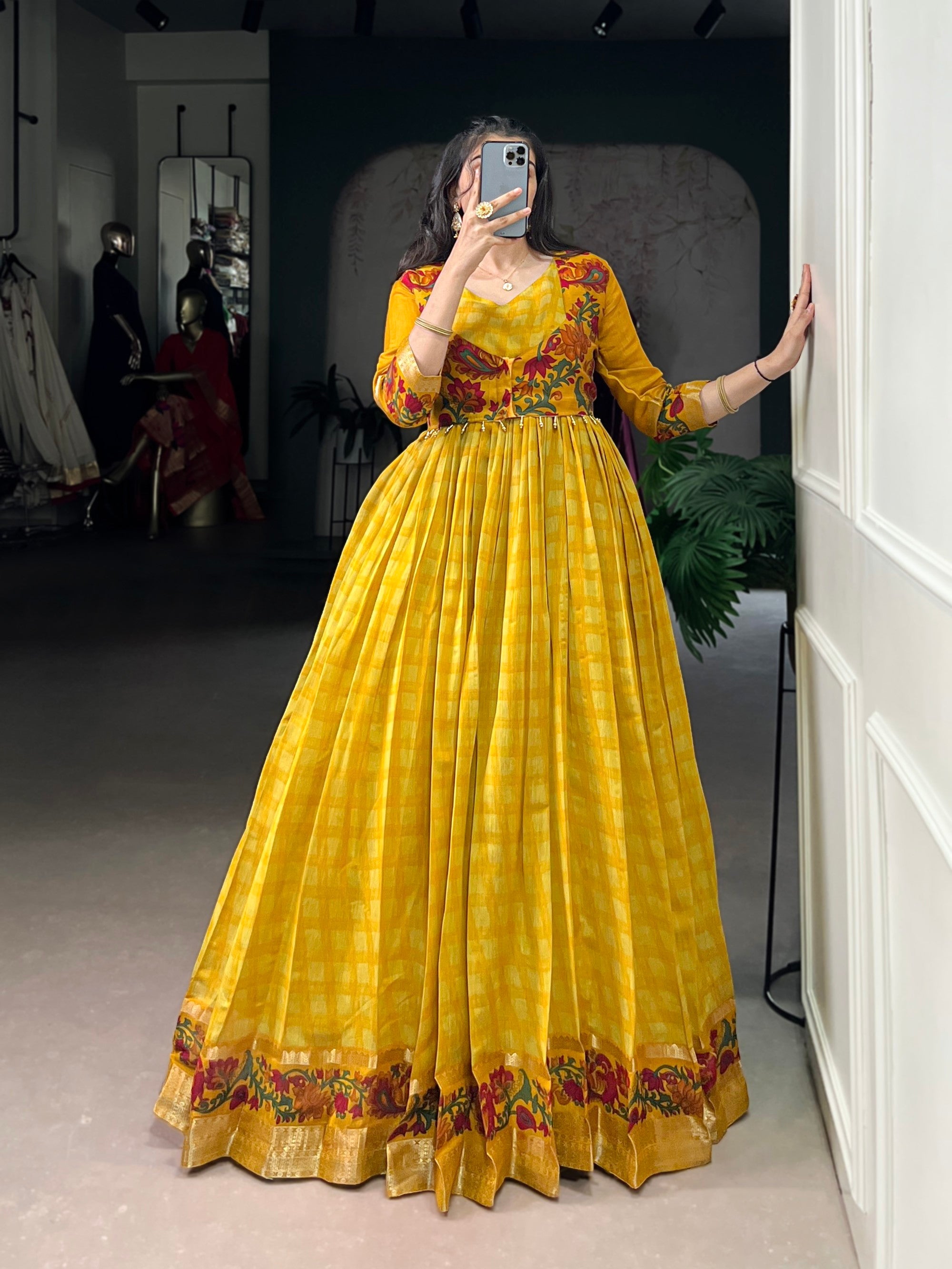 Lorenvalley Fashion Mustard Viscose Chanderi Printed With Zari Weaving Work Gown with Koti | Grocsy