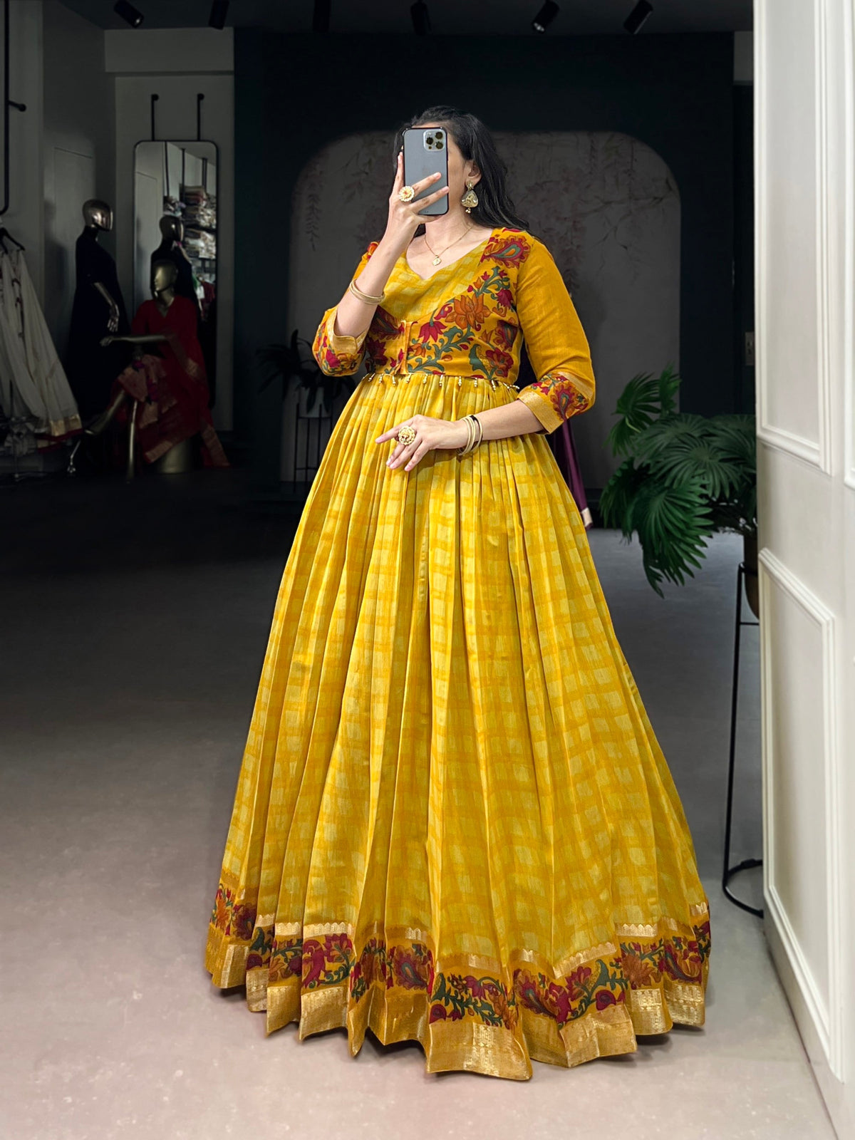 Lorenvalley Fashion Mustard Viscose Chanderi Printed With Zari Weaving Work Gown with Koti | Grocsy