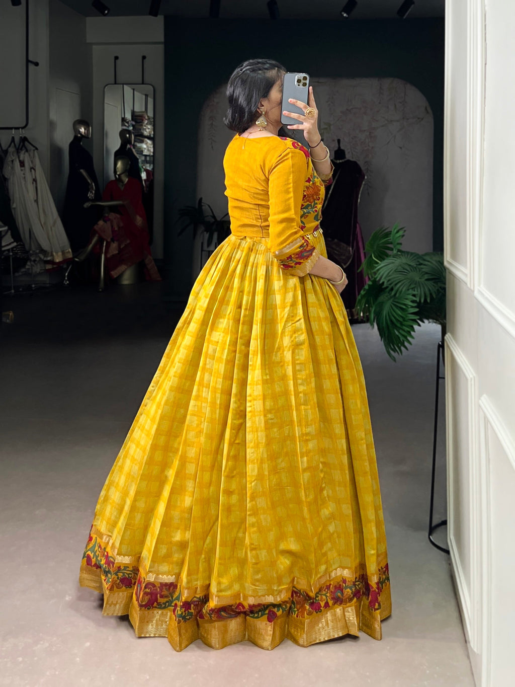 Lorenvalley Fashion Mustard Viscose Chanderi Printed With Zari Weaving Work Gown with Koti | Grocsy