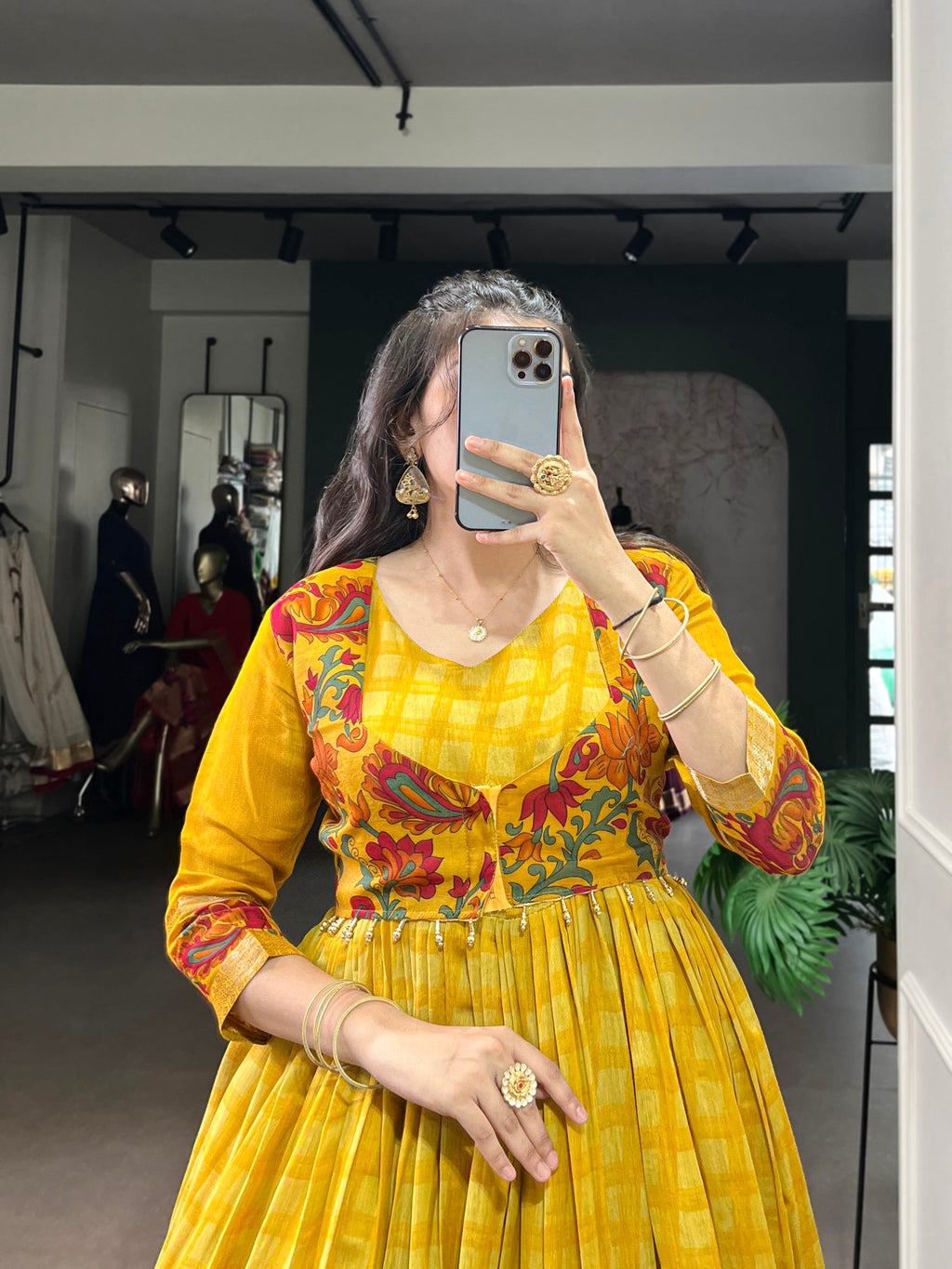 Lorenvalley Fashion Mustard Viscose Chanderi Printed With Zari Weaving Work Gown with Koti | Grocsy