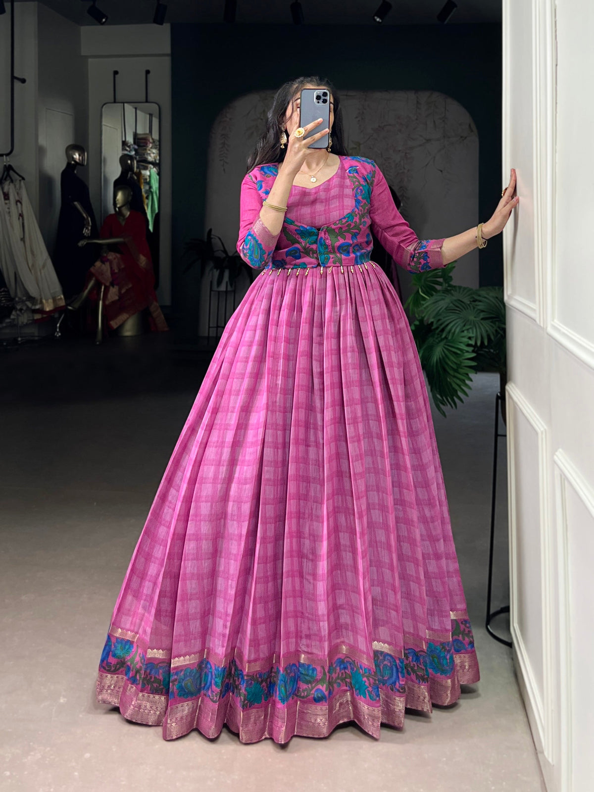 Lorenvalley Fashion Pink Viscose Chanderi Printed With Zari Weaving Work Gown with Koti | Grocsy
