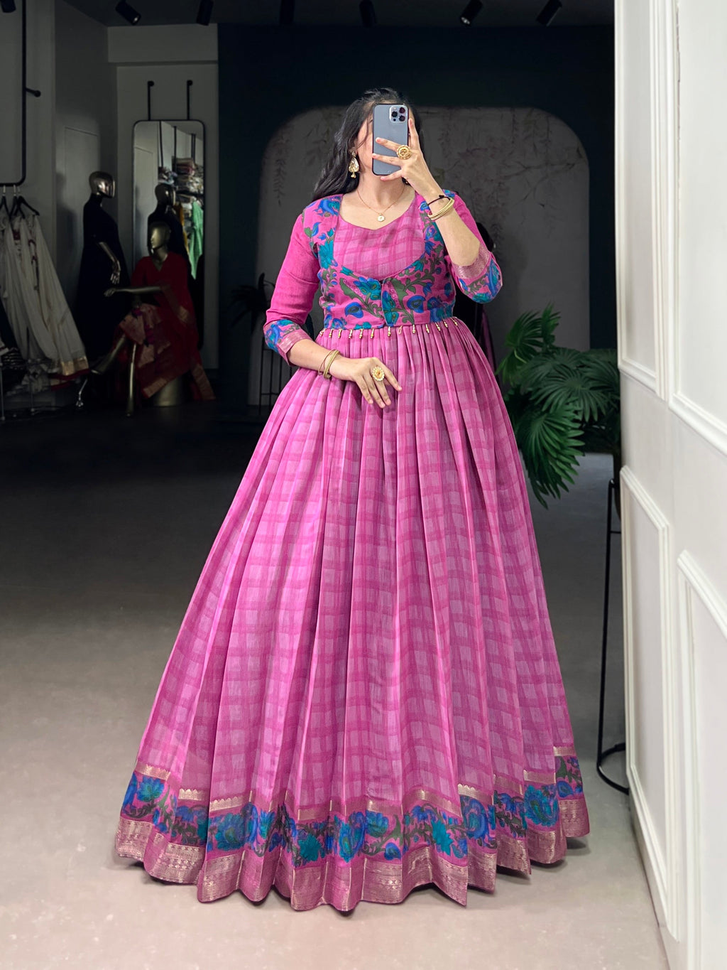 Lorenvalley Fashion Pink Viscose Chanderi Printed With Zari Weaving Work Gown with Koti | Grocsy