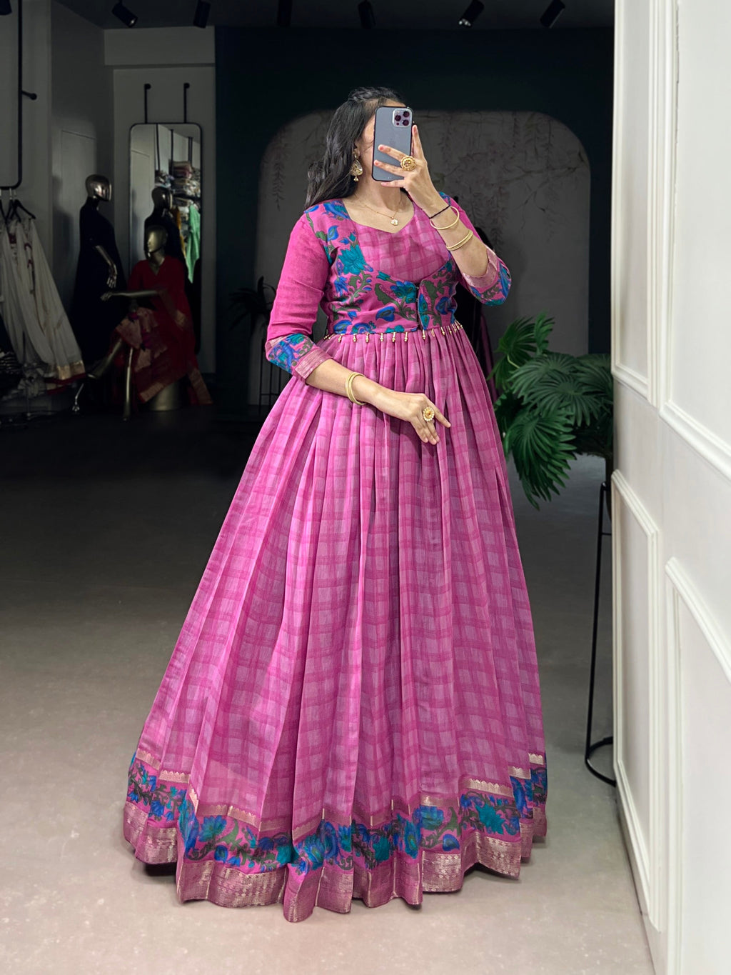 Lorenvalley Fashion Pink Viscose Chanderi Printed With Zari Weaving Work Gown with Koti | Grocsy