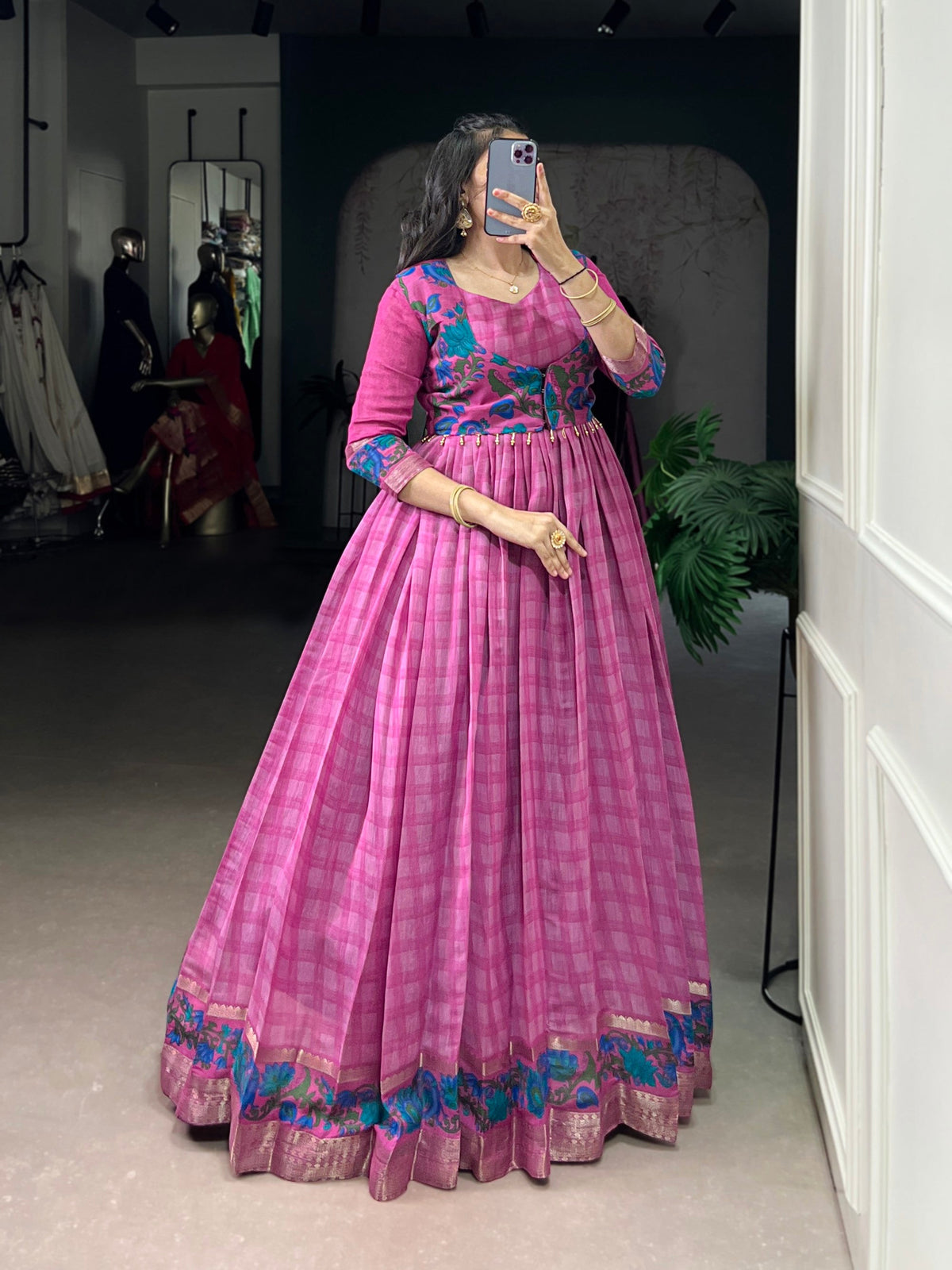 Lorenvalley Fashion Pink Viscose Chanderi Printed With Zari Weaving Work Gown with Koti | Grocsy