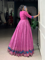 Lorenvalley Fashion Pink Viscose Chanderi Printed With Zari Weaving Work Gown with Koti | Grocsy
