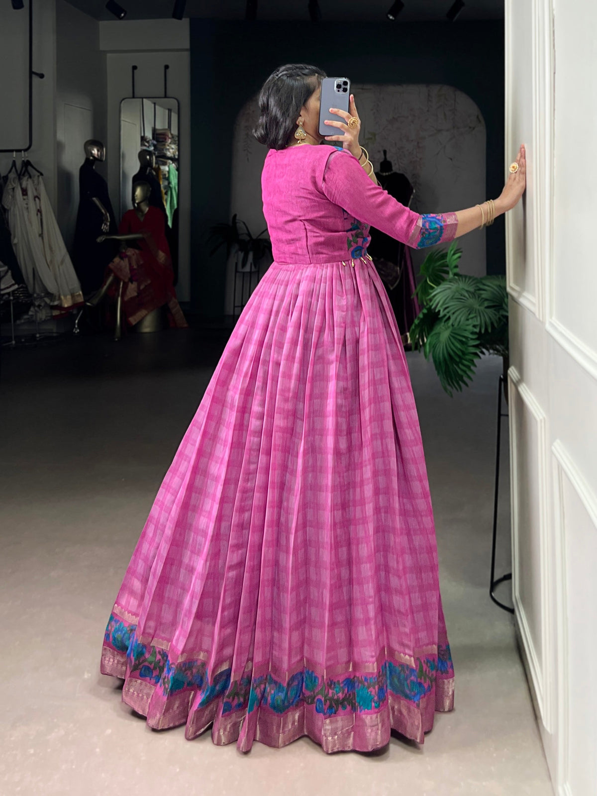 Lorenvalley Fashion Pink Viscose Chanderi Printed With Zari Weaving Work Gown with Koti | Grocsy