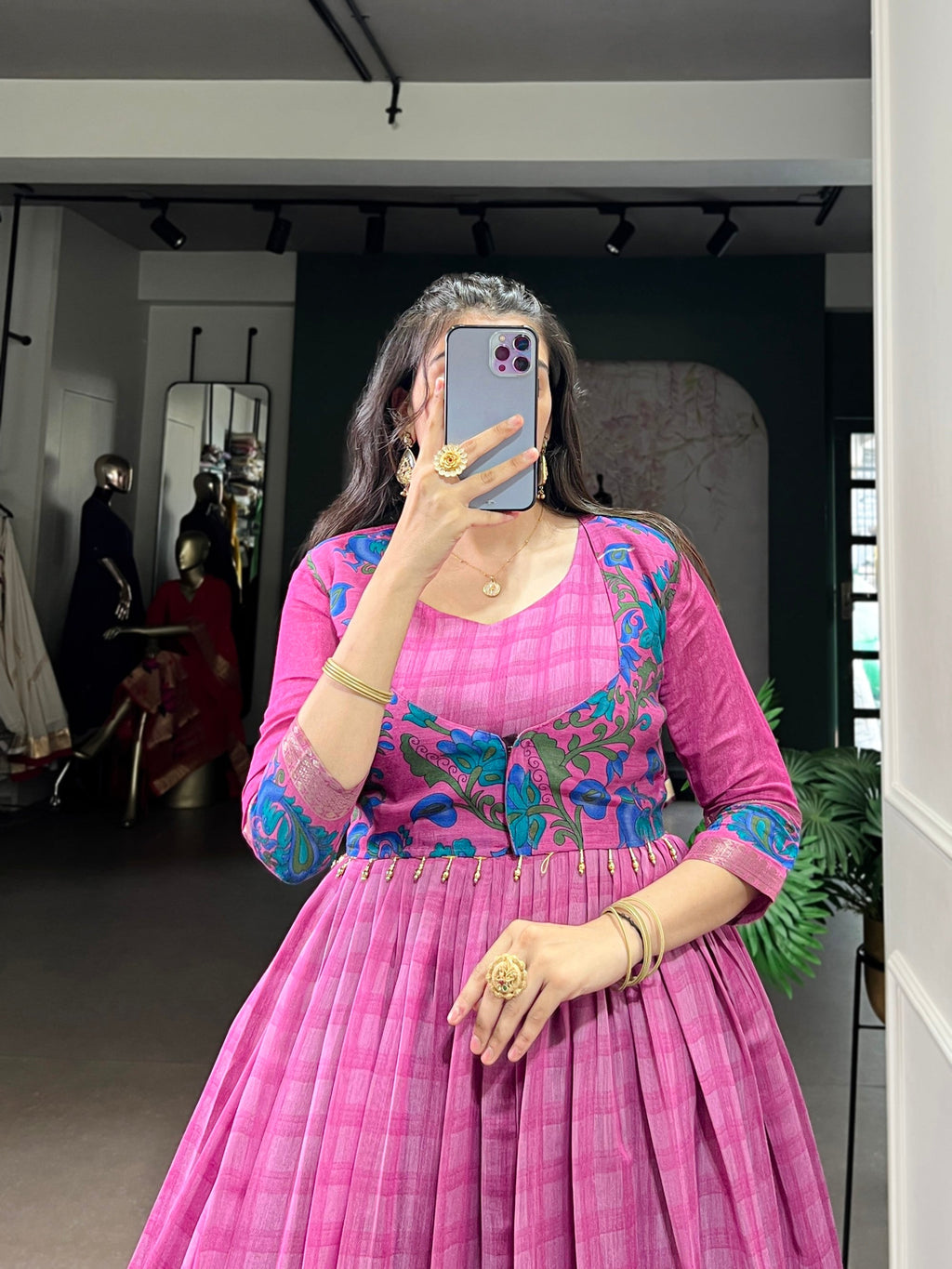 Lorenvalley Fashion Pink Viscose Chanderi Printed With Zari Weaving Work Gown with Koti | Grocsy