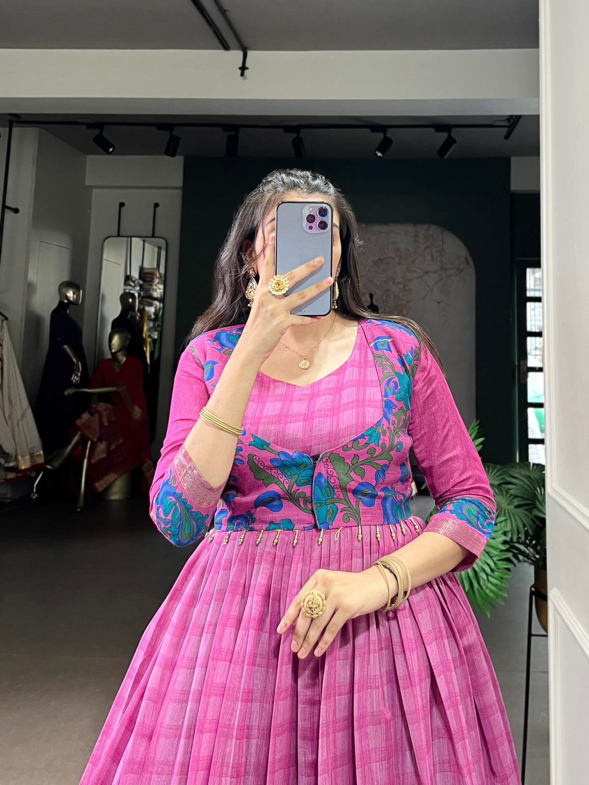 Lorenvalley Fashion Pink Viscose Chanderi Printed With Zari Weaving Work Gown with Koti | Grocsy
