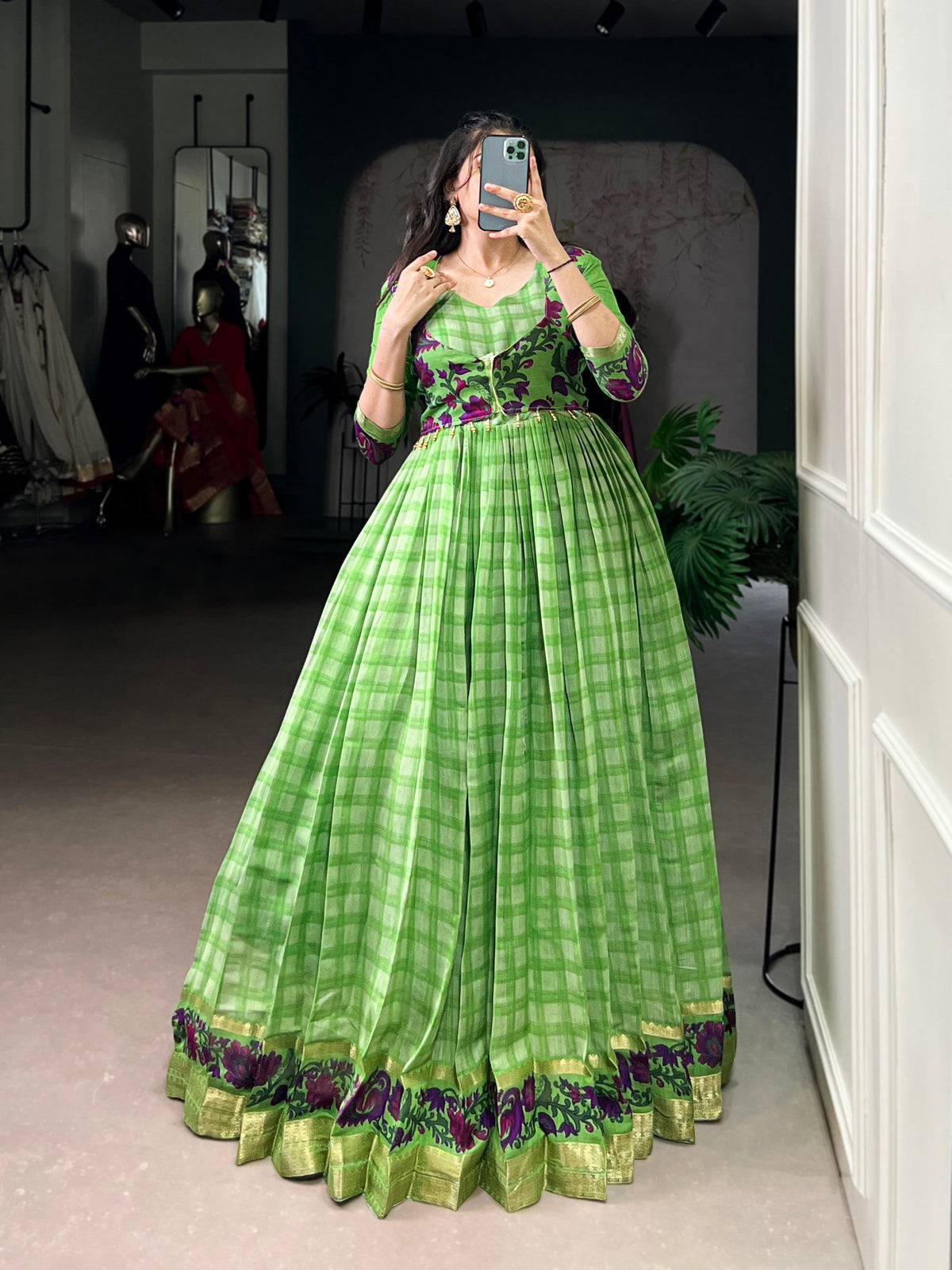 Lorenvalley Fashion Parotgreen Viscose Chanderi Printed With Zari Weaving Work Gown with Koti | Grocsy