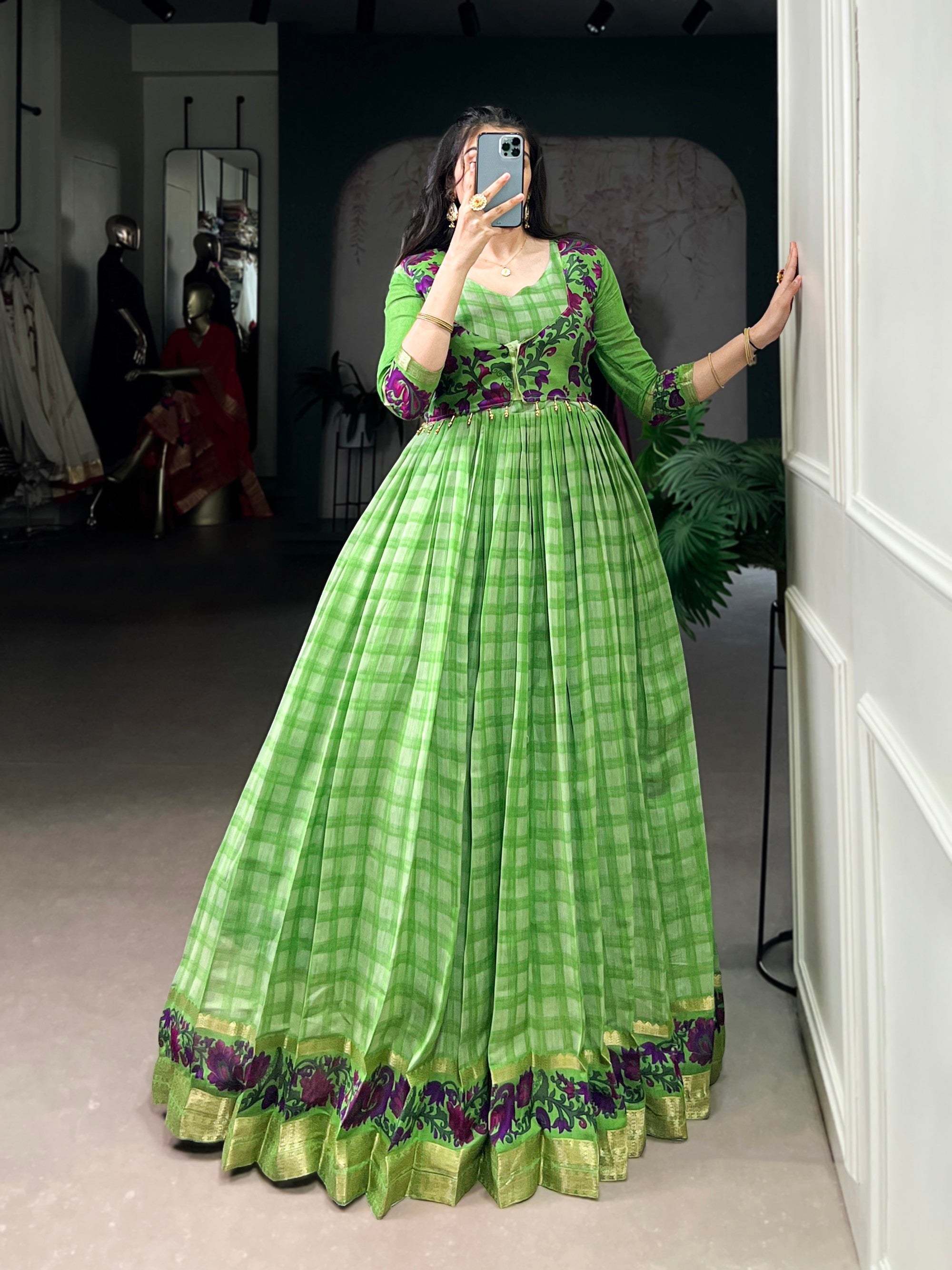 Lorenvalley Fashion Parotgreen Viscose Chanderi Printed With Zari Weaving Work Gown with Koti | Grocsy