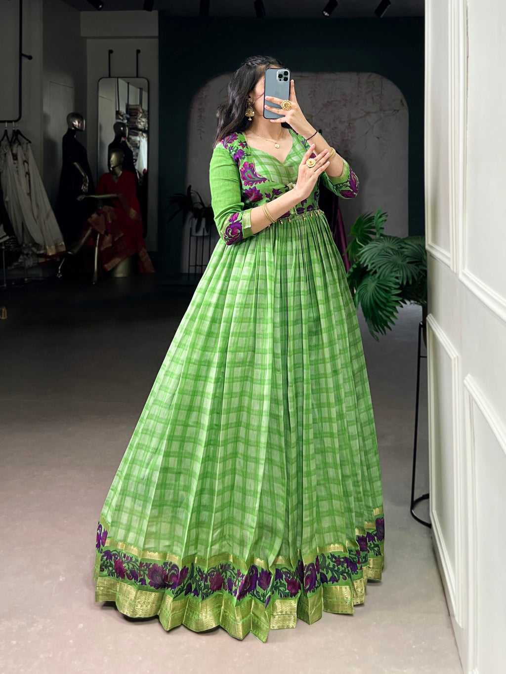 Lorenvalley Fashion Parotgreen Viscose Chanderi Printed With Zari Weaving Work Gown with Koti | Grocsy