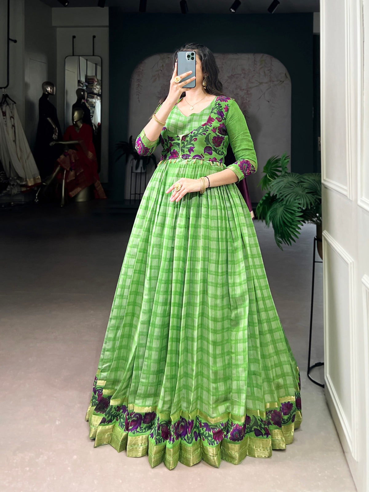 Lorenvalley Fashion Parotgreen Viscose Chanderi Printed With Zari Weaving Work Gown with Koti | Grocsy