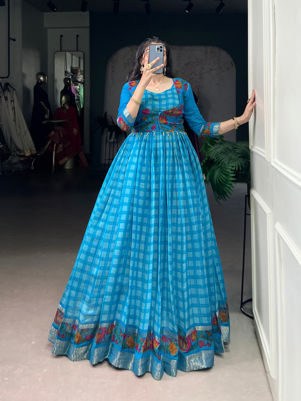 Lorenvalley Fashion Skyblue Viscose Chanderi Printed With Zari Weaving Work Gown with Koti | Grocsy