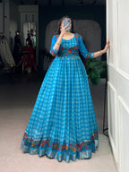 Lorenvalley Fashion Skyblue Viscose Chanderi Printed With Zari Weaving Work Gown with Koti | Grocsy