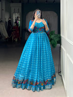 Lorenvalley Fashion Skyblue Viscose Chanderi Printed With Zari Weaving Work Gown with Koti | Grocsy