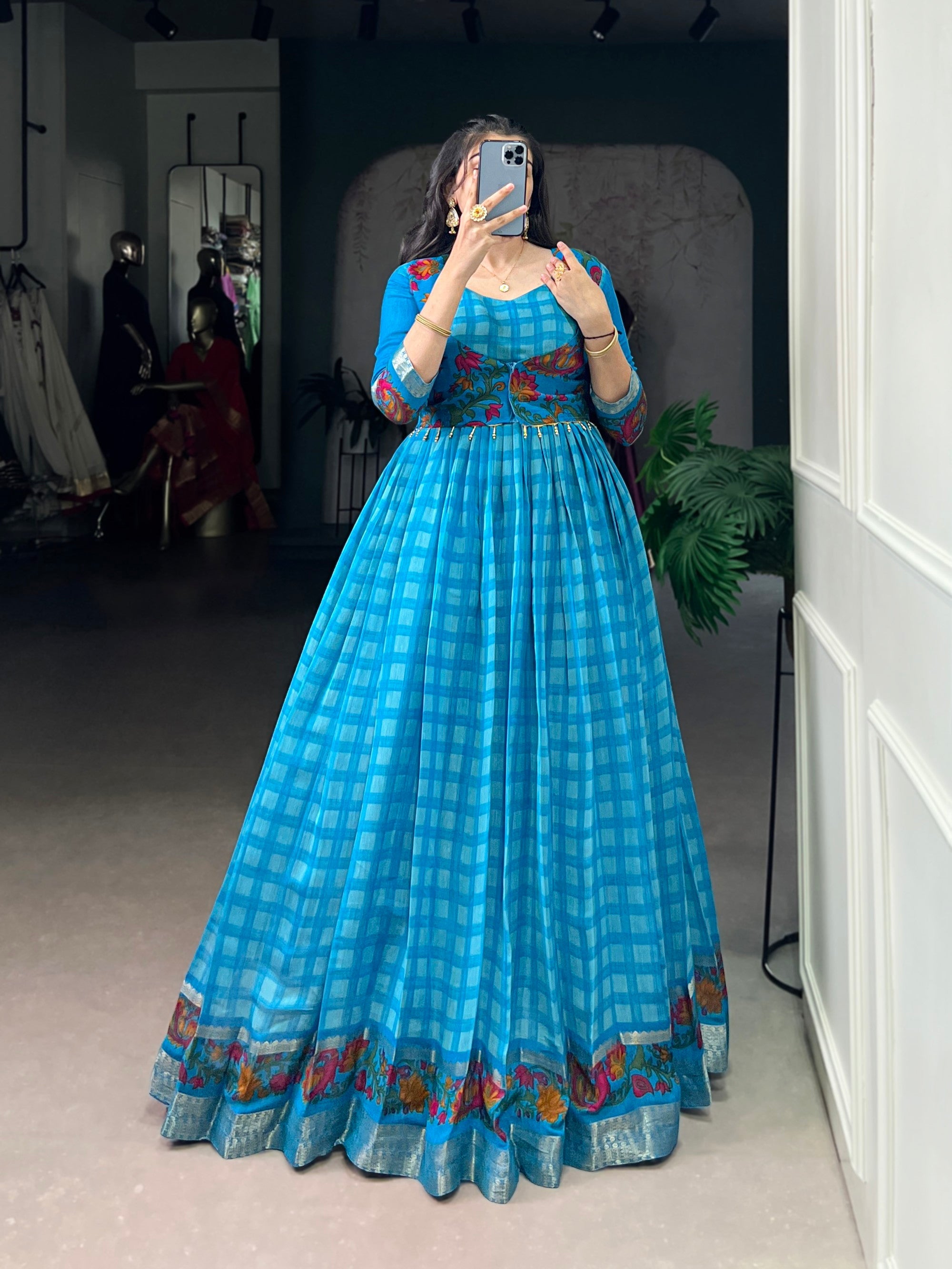 Lorenvalley Fashion Skyblue Viscose Chanderi Printed With Zari Weaving Work Gown with Koti | Grocsy