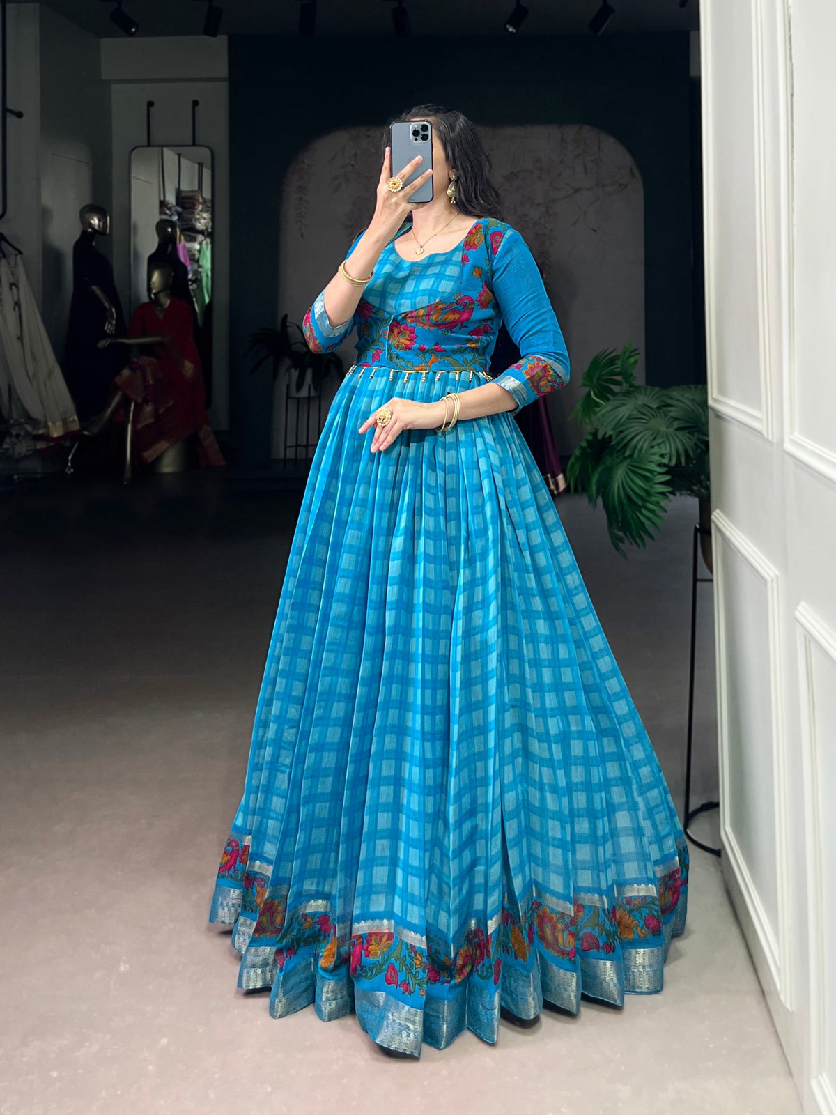Lorenvalley Fashion Skyblue Viscose Chanderi Printed With Zari Weaving Work Gown with Koti | Grocsy
