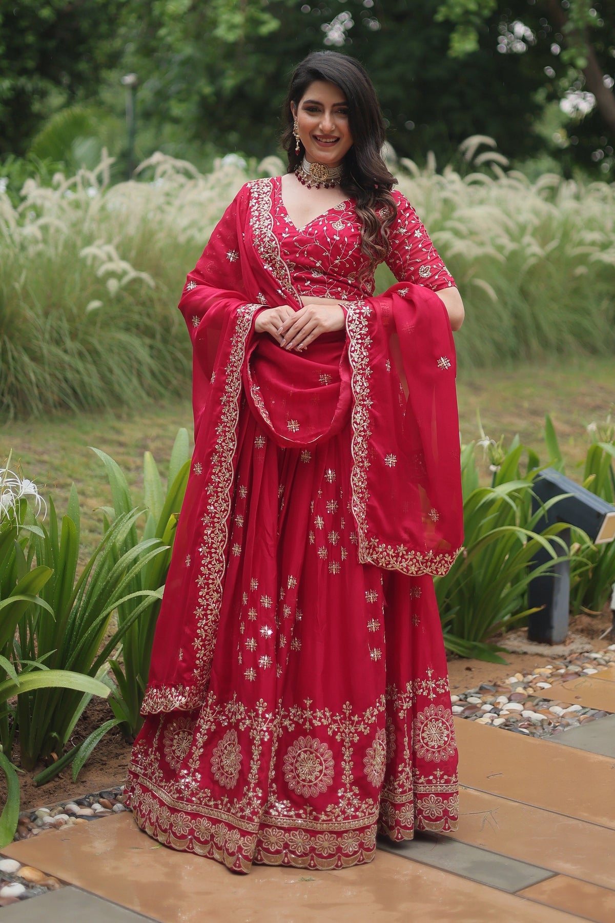 Vedant Vastram Heavy Sequins & Thread Embroidered Work Rangoli Silk Lehenga Choli With Blouse & Dupatta - Pink | Grocsy
