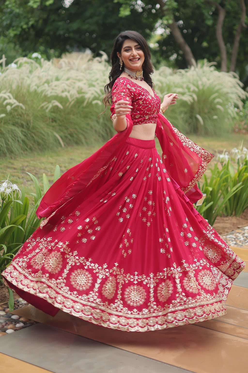 Vedant Vastram Heavy Sequins & Thread Embroidered Work Rangoli Silk Lehenga Choli With Blouse & Dupatta - Pink | Grocsy
