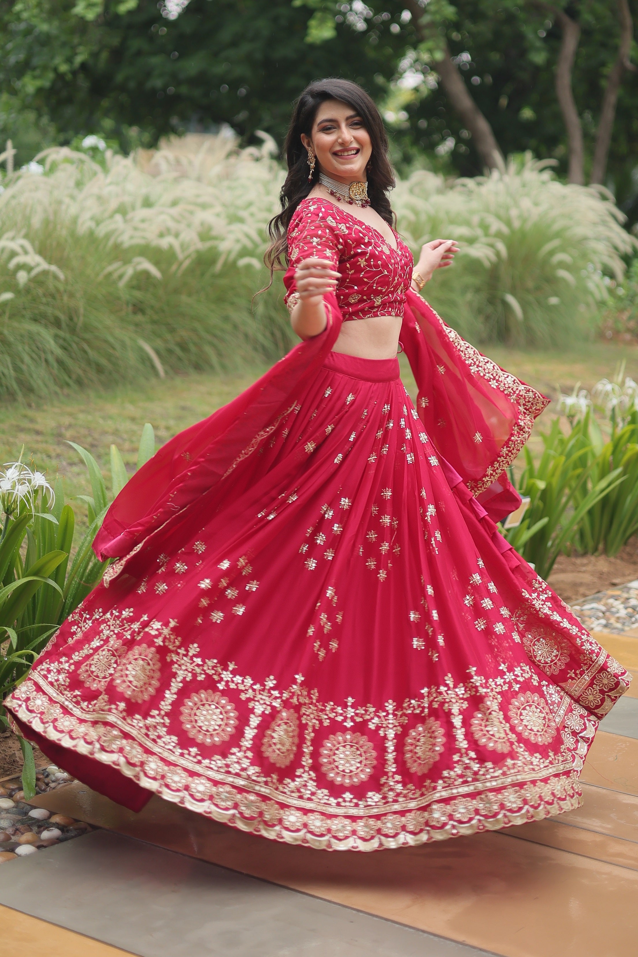 Vedant Vastram Heavy Sequins & Thread Embroidered Work Rangoli Silk Lehenga Choli With Blouse & Dupatta - Pink | Grocsy