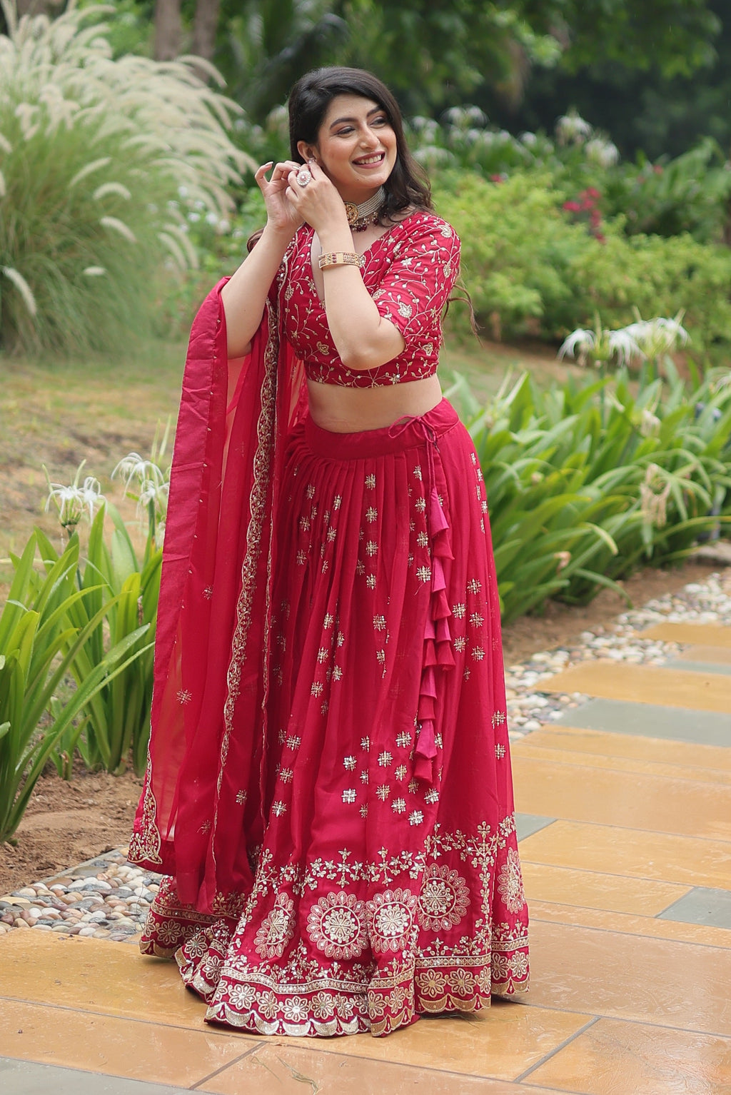 Vedant Vastram Heavy Sequins & Thread Embroidered Work Rangoli Silk Lehenga Choli With Blouse & Dupatta - Pink | Grocsy