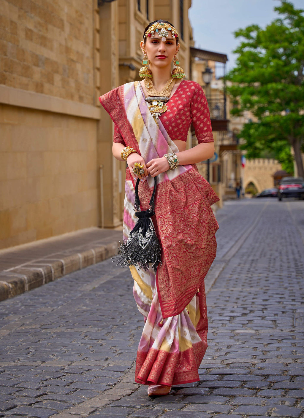 Monjolika Fashion Maroon Color Weaving Border Silk Saree With Blouse | Grocsy