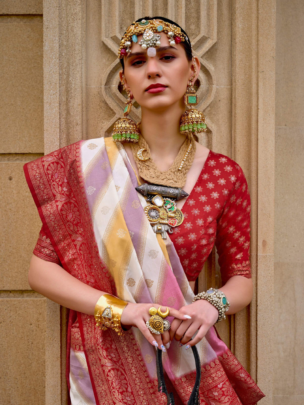Monjolika Fashion Maroon Color Weaving Border Silk Saree With Blouse | Grocsy