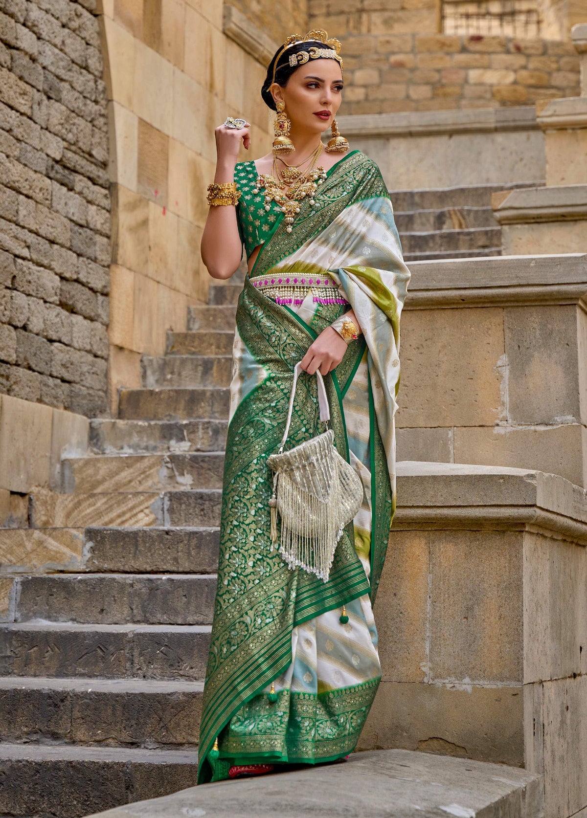 Monjolika Fashion Green Color Weaving Border Silk Saree With Blouse | Grocsy