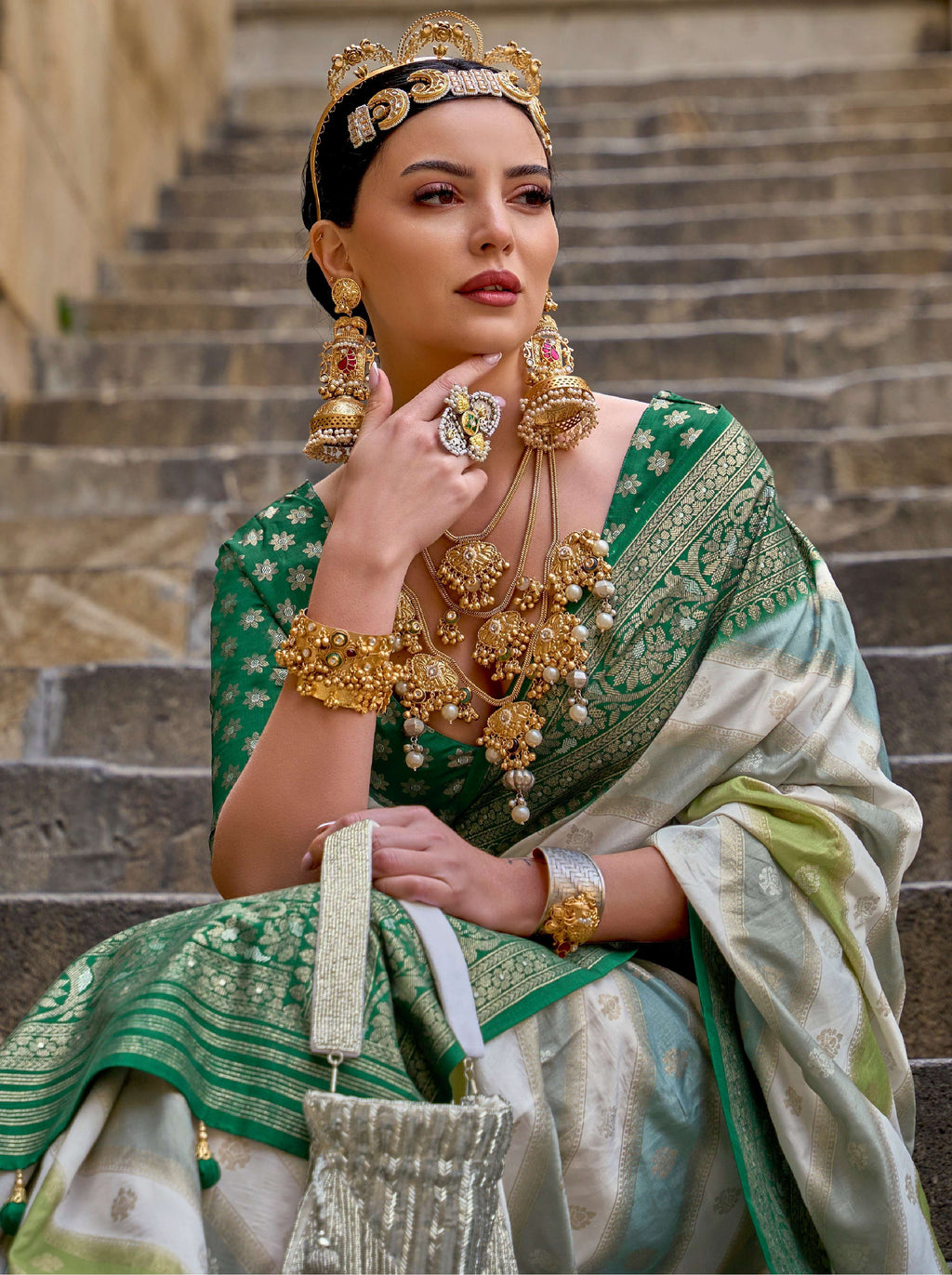 Monjolika Fashion Green Color Weaving Border Silk Saree With Blouse | Grocsy