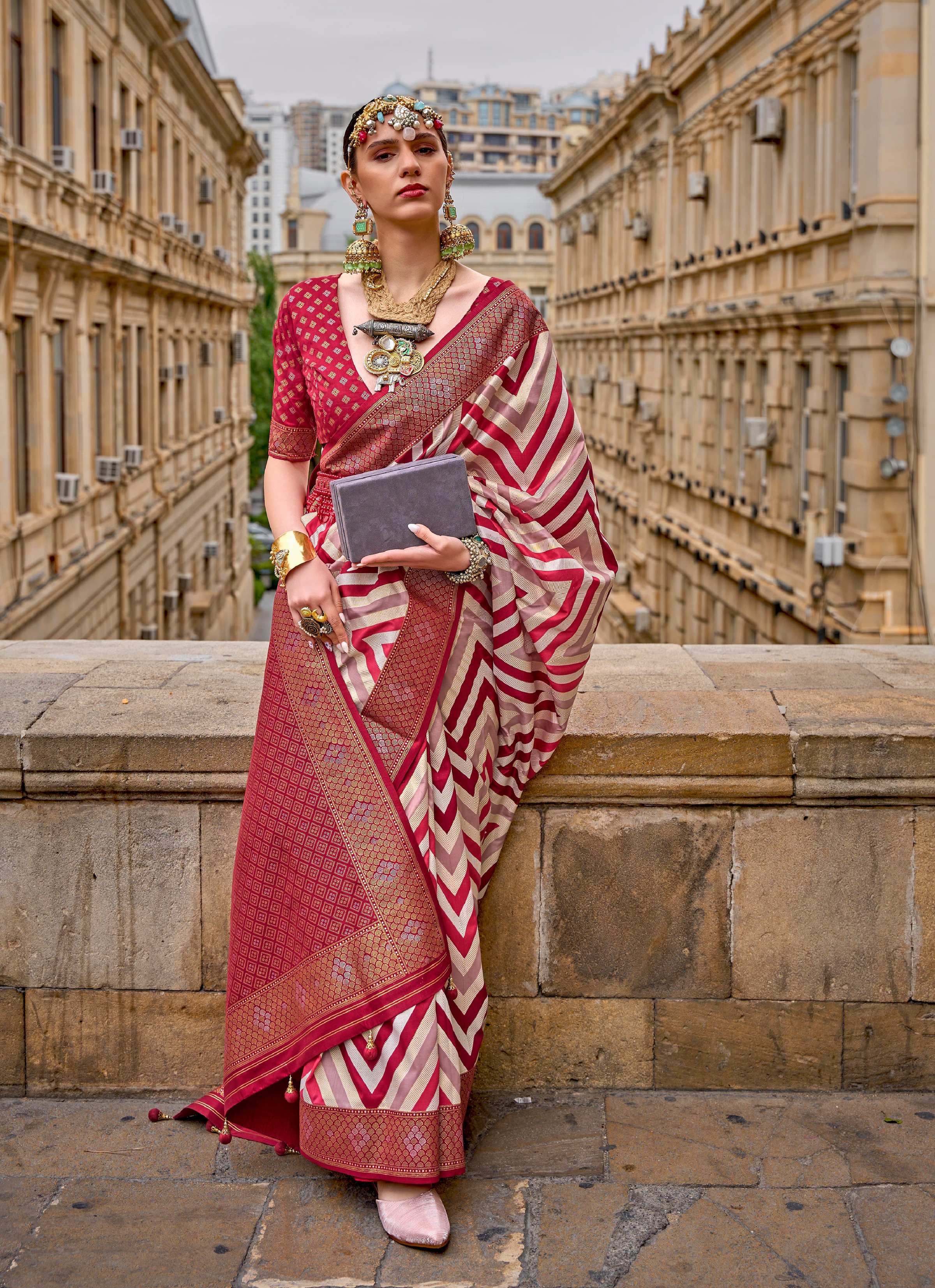 Monjolika Fashion Maroon Color Weaving Border Silk Saree With Blouse | Grocsy