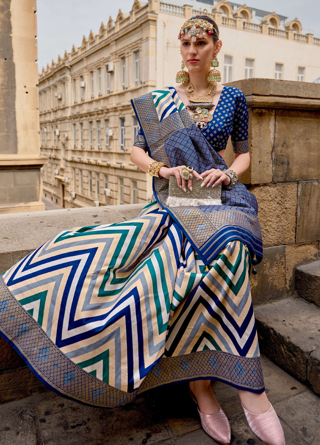 Monjolika Fashion Blue Color Weaving Border Silk Saree With Blouse | Grocsy