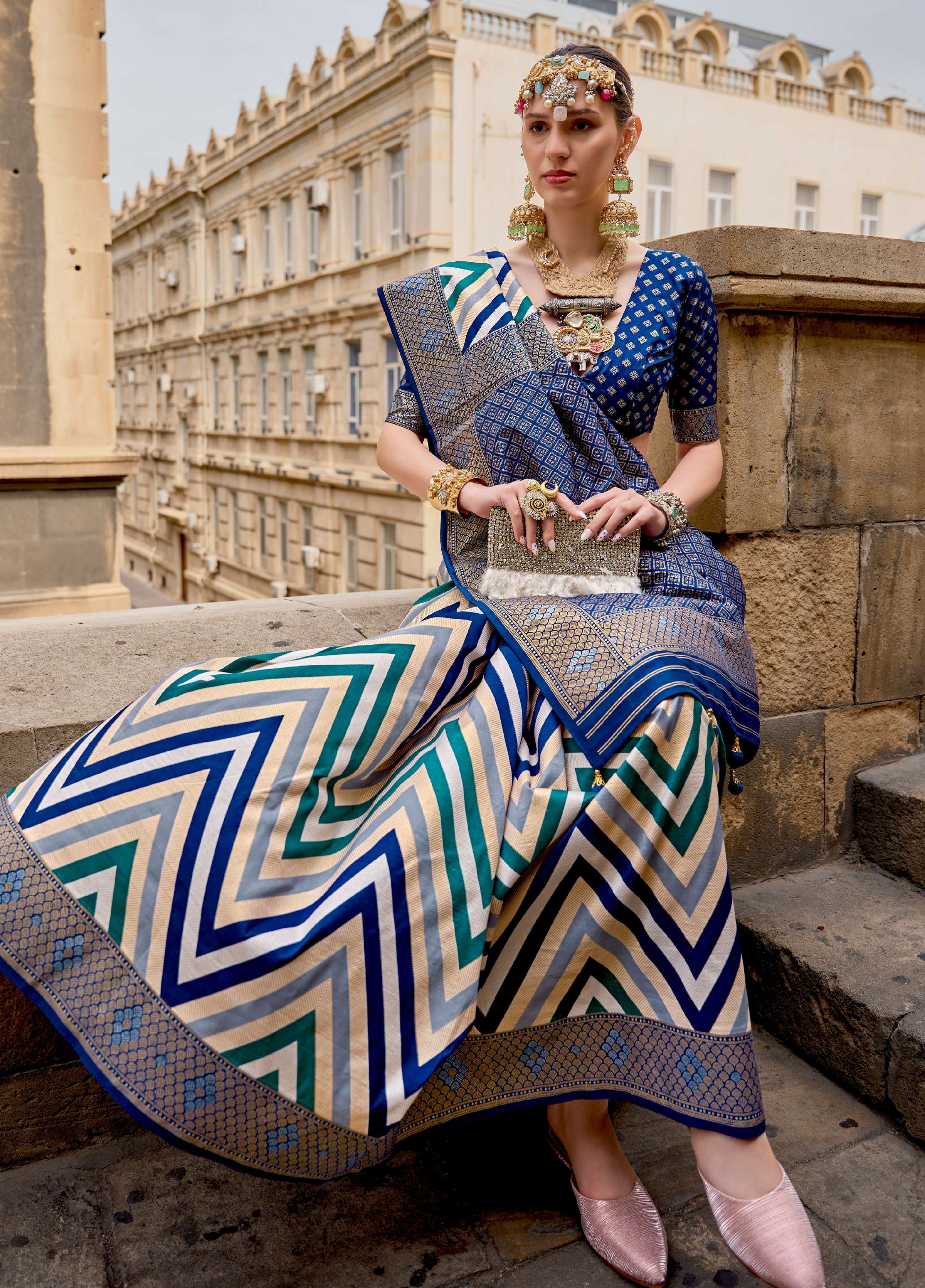 Monjolika Fashion Blue Color Weaving Border Silk Saree With Blouse | Grocsy