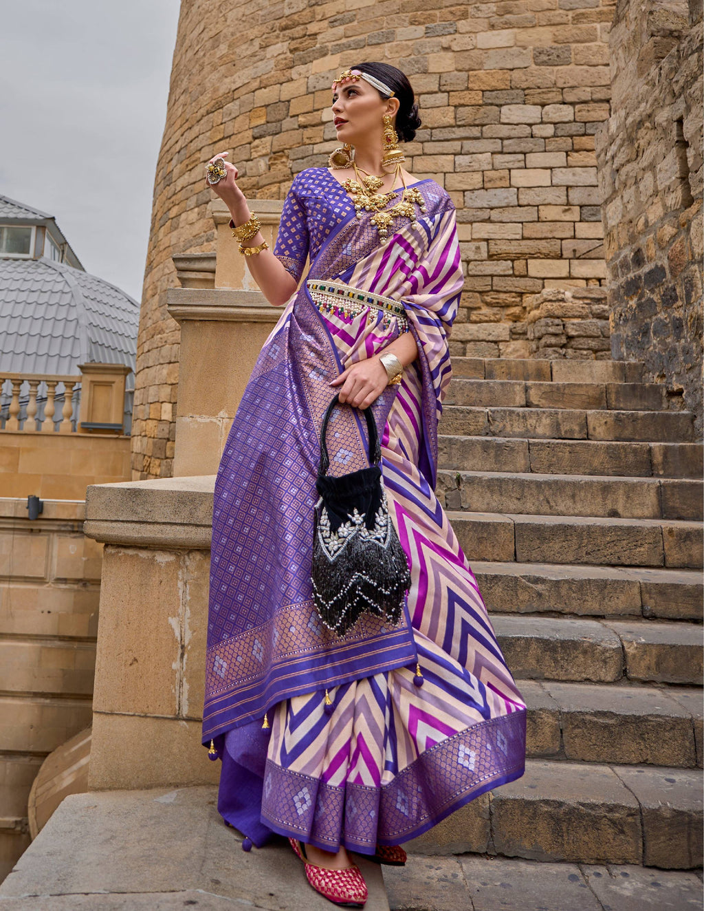 Monjolika Fashion Violet Color Weaving Border Silk Saree With Blouse | Grocsy