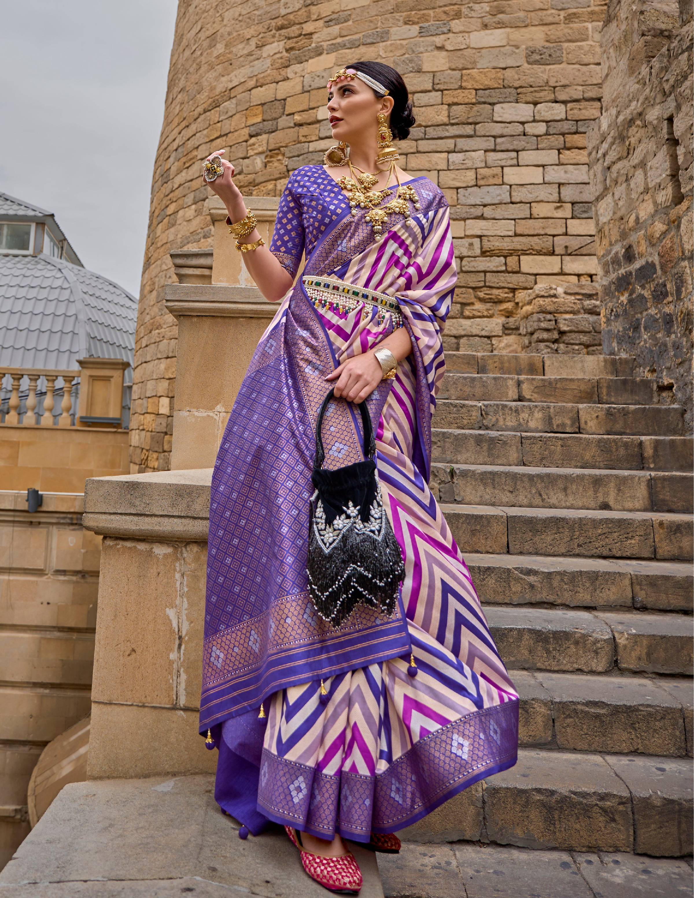 Monjolika Fashion Violet Color Weaving Border Silk Saree With Blouse | Grocsy