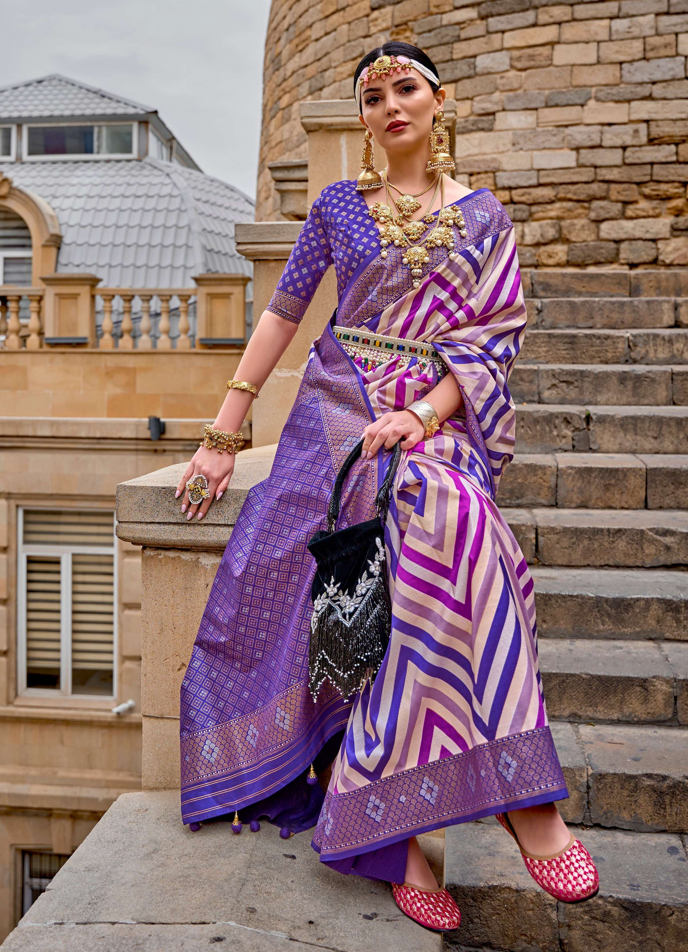 Monjolika Fashion Violet Color Weaving Border Silk Saree With Blouse | Grocsy