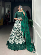 Lorenvalley Green Tussar Silk Floral Print With Foil Print Gown with Dupatta | Grocsy