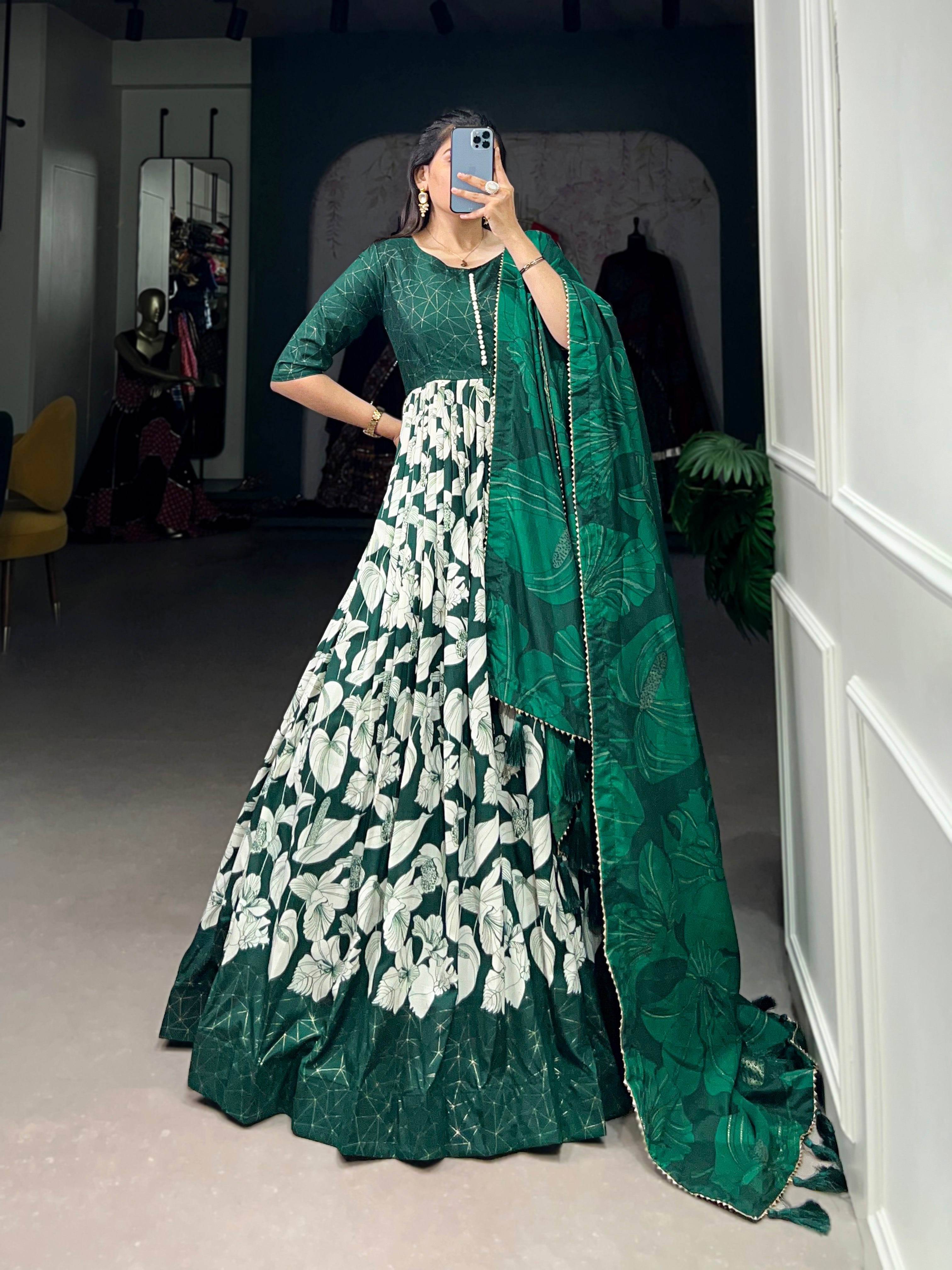 Lorenvalley Green Tussar Silk Floral Print With Foil Print Gown with Dupatta | Grocsy