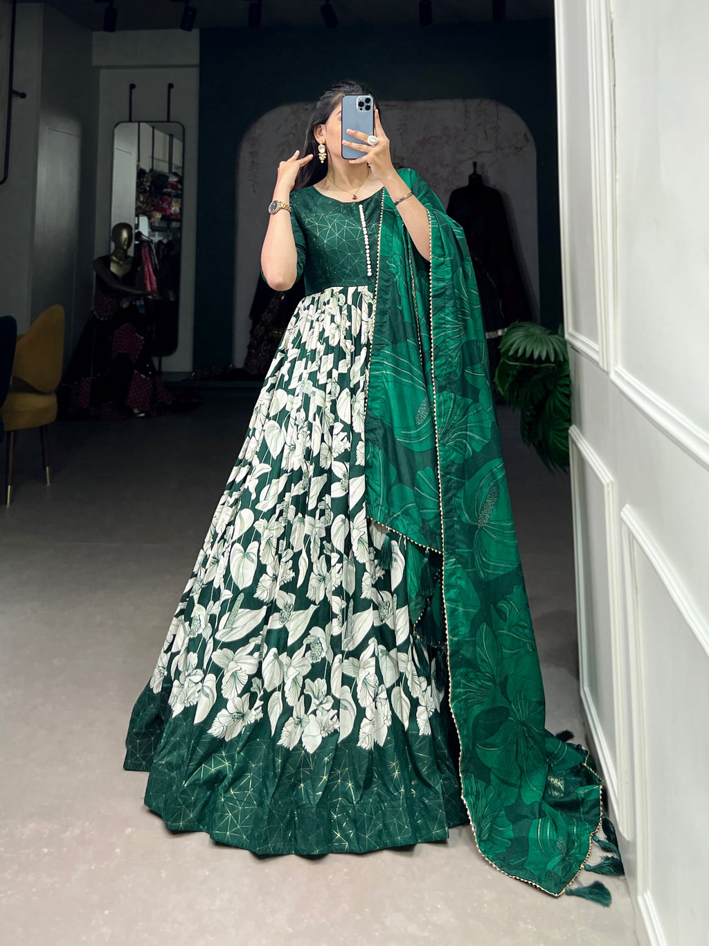 Lorenvalley Green Tussar Silk Floral Print With Foil Print Gown with Dupatta | Grocsy