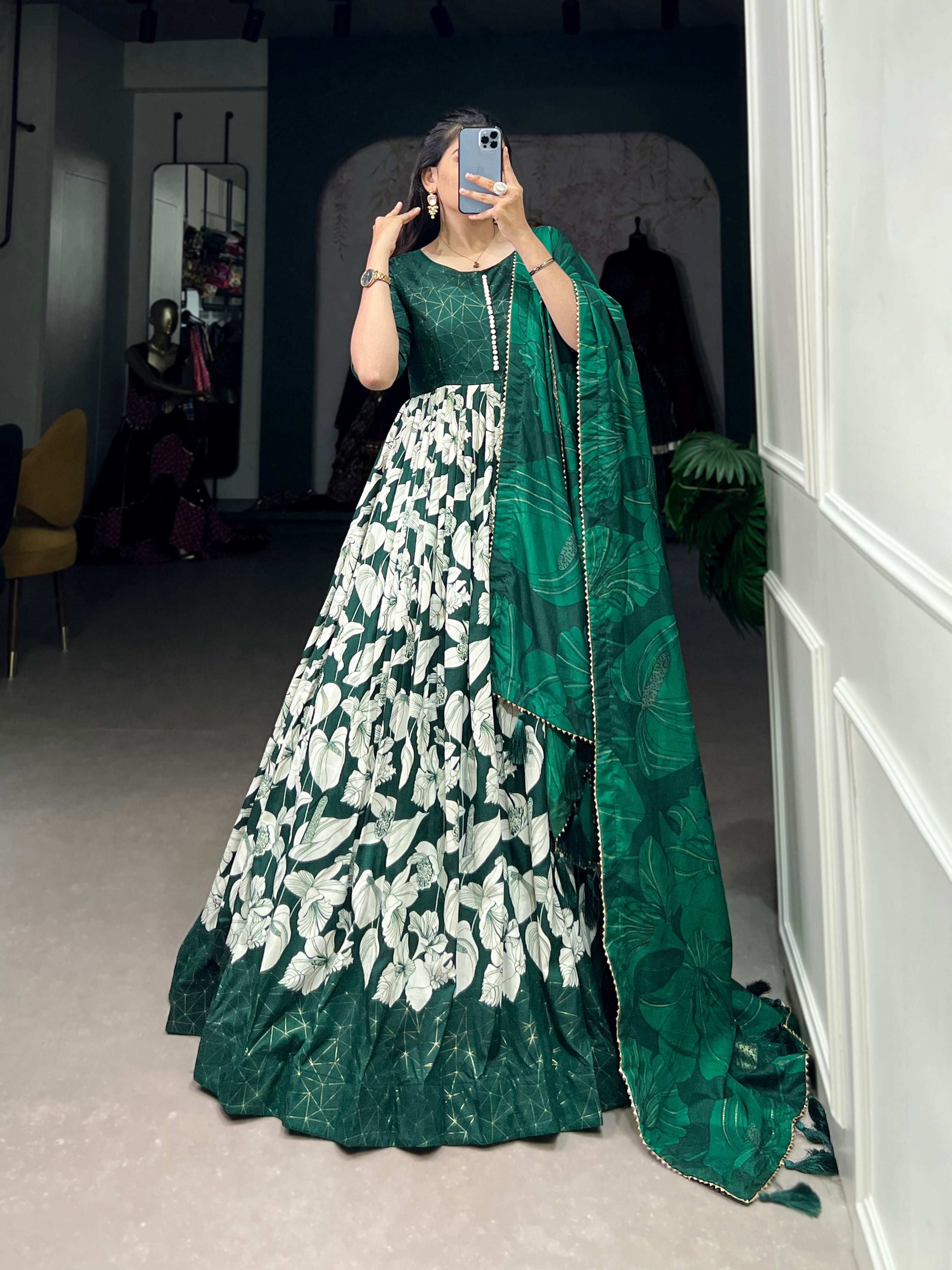 Lorenvalley Green Tussar Silk Floral Print With Foil Print Gown with Dupatta | Grocsy