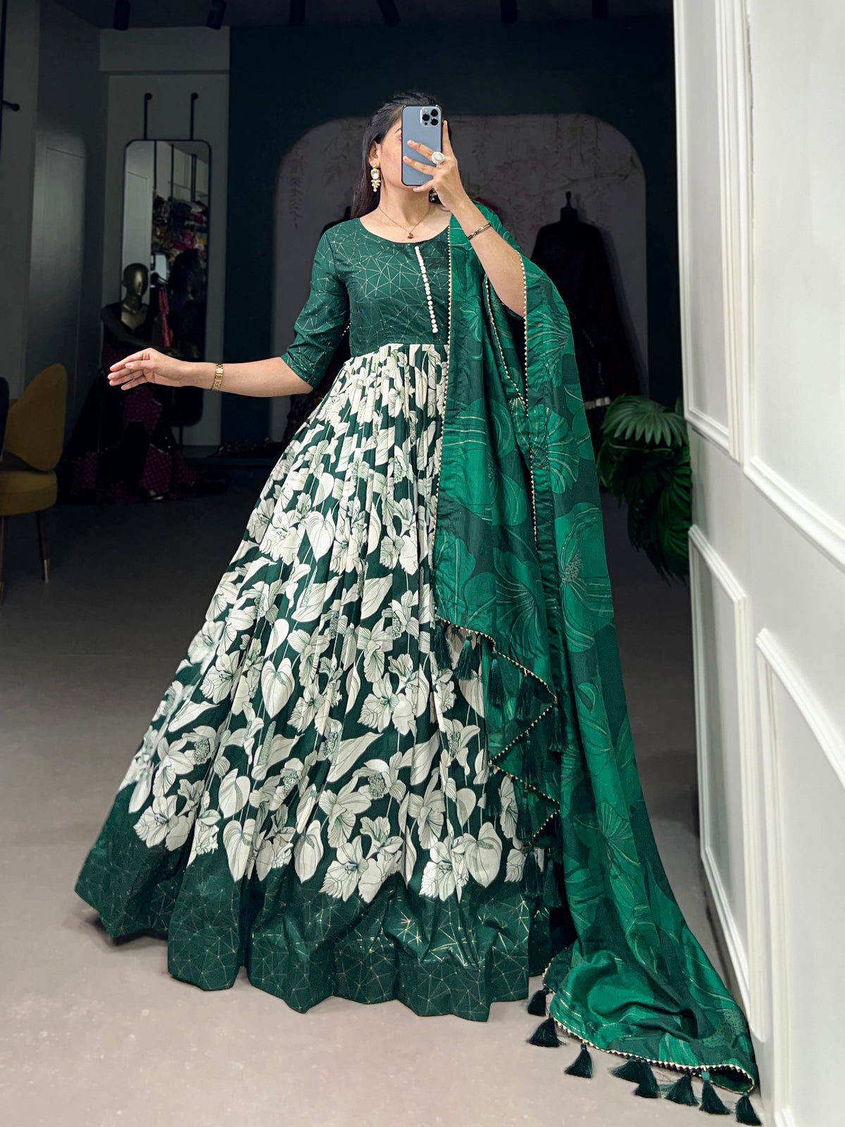 Lorenvalley Green Tussar Silk Floral Print With Foil Print Gown with Dupatta | Grocsy
