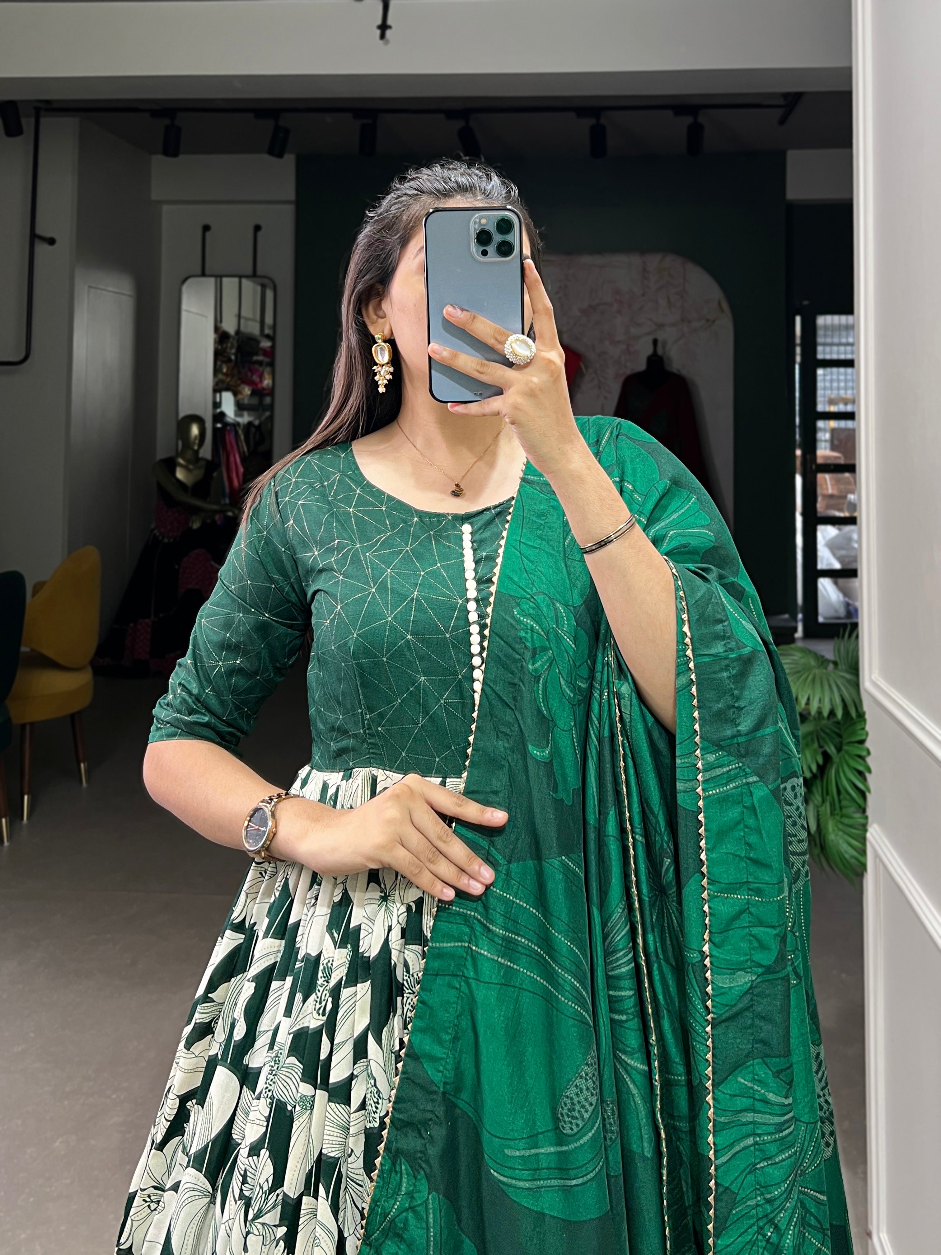 Lorenvalley Green Tussar Silk Floral Print With Foil Print Gown with Dupatta | Grocsy