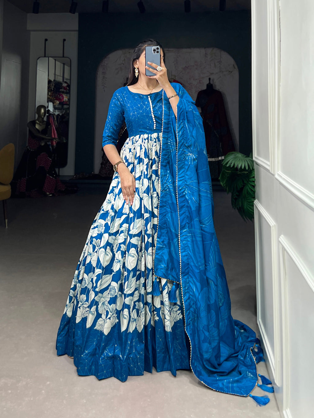 Lorenvalley Blue Tussar Silk Floral Print With Foil Print Gown with Dupatta | Grocsy