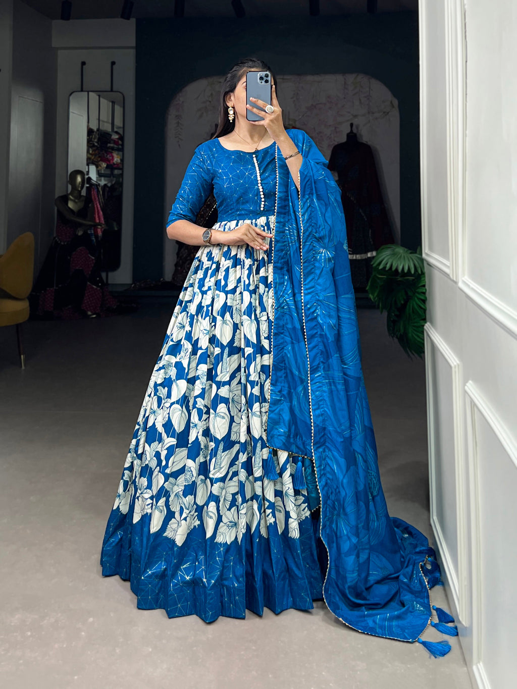 Lorenvalley Blue Tussar Silk Floral Print With Foil Print Gown with Dupatta | Grocsy