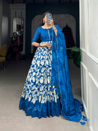 Lorenvalley Blue Tussar Silk Floral Print With Foil Print Gown with Dupatta | Grocsy