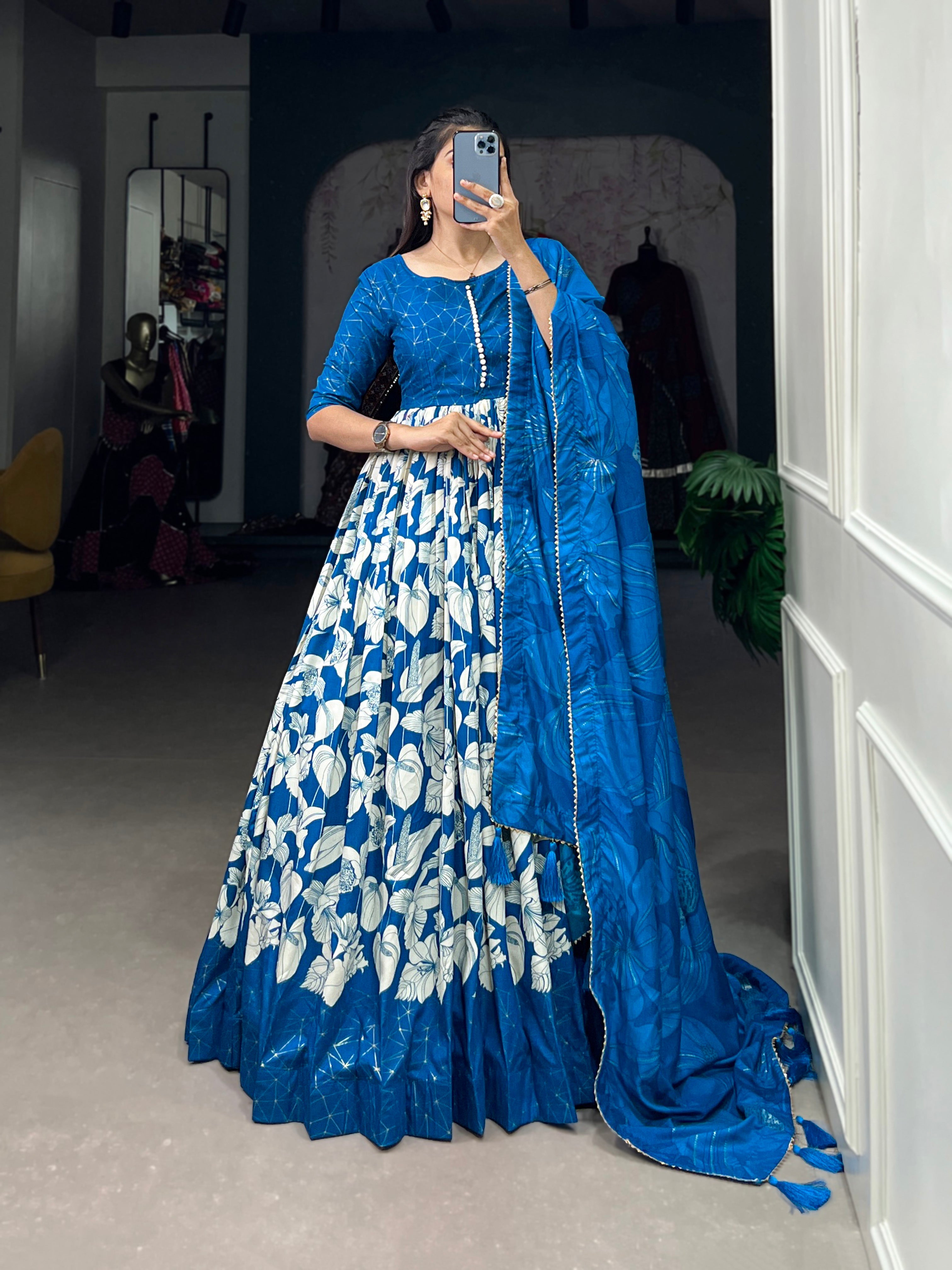 Lorenvalley Blue Tussar Silk Floral Print With Foil Print Gown with Dupatta | Grocsy