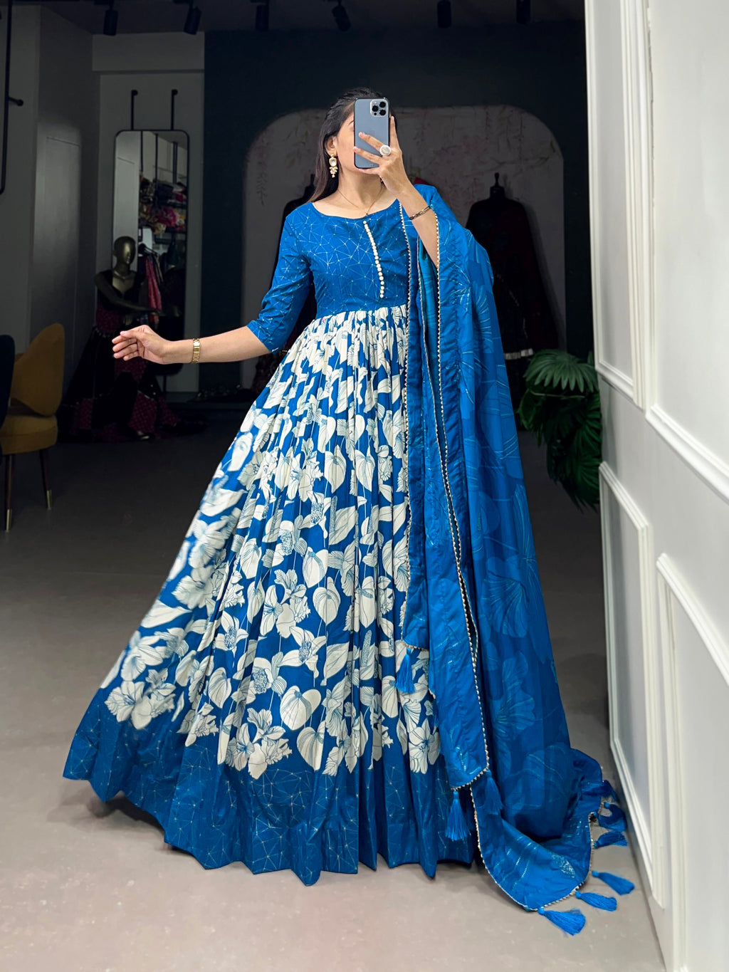 Lorenvalley Blue Tussar Silk Floral Print With Foil Print Gown with Dupatta | Grocsy