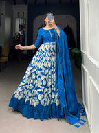Lorenvalley Blue Tussar Silk Floral Print With Foil Print Gown with Dupatta | Grocsy