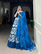 Lorenvalley Blue Tussar Silk Floral Print With Foil Print Gown with Dupatta | Grocsy