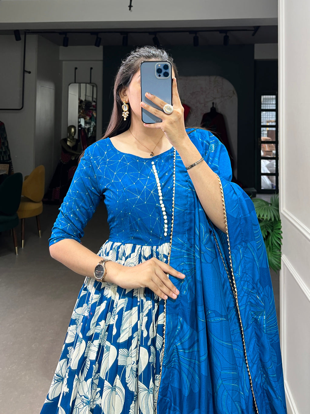 Lorenvalley Blue Tussar Silk Floral Print With Foil Print Gown with Dupatta | Grocsy