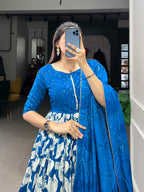 Lorenvalley Blue Tussar Silk Floral Print With Foil Print Gown with Dupatta | Grocsy